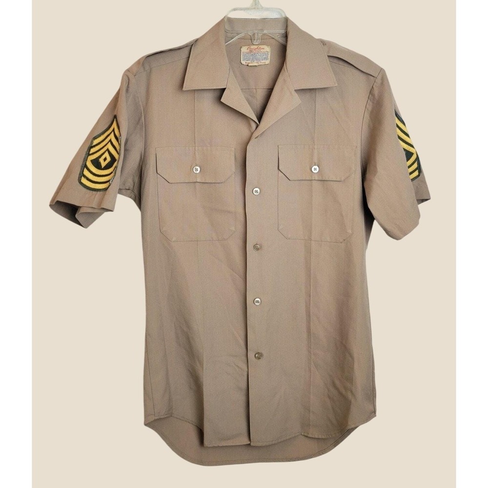 Vtg Creighton Military Uniform Shirt Khaki Patches Workwear Gorpcore Tan 14.5